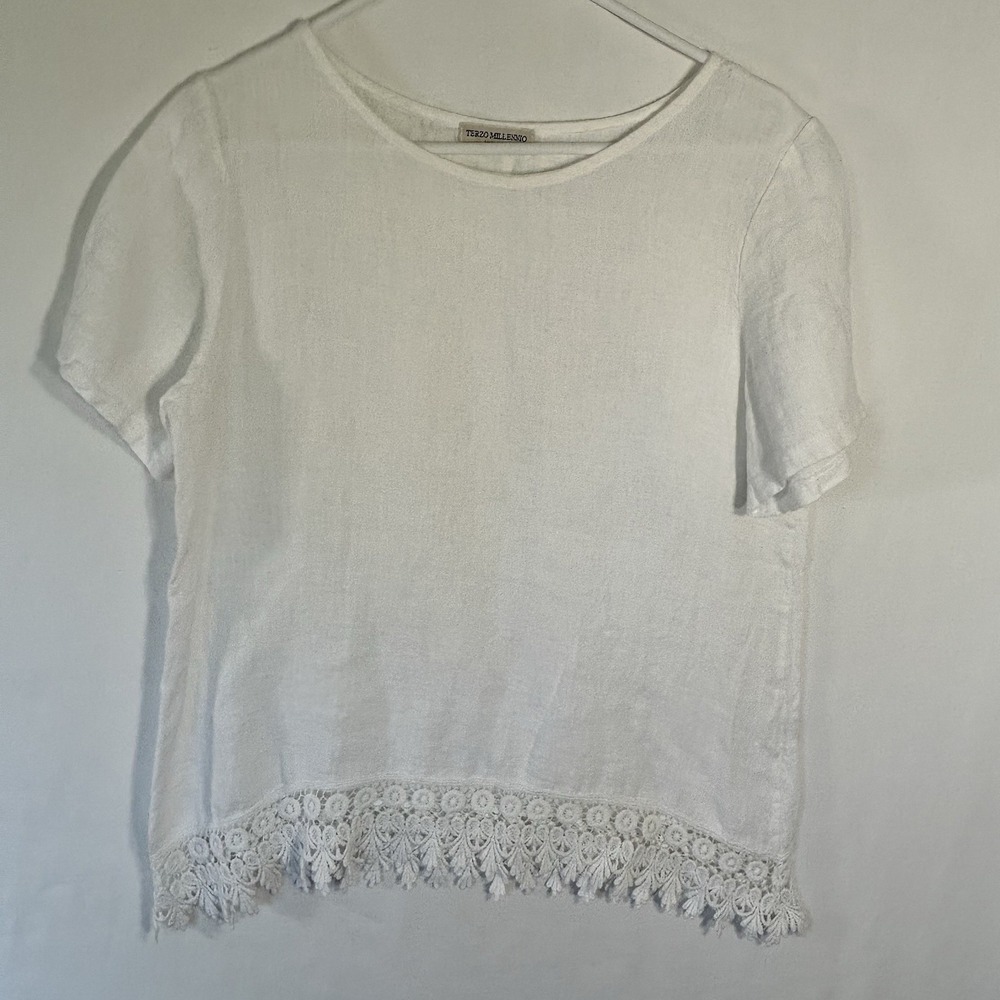 Terzo Millennio Italy White Linen Top Shirt Crochet Lace Small Cottage Core